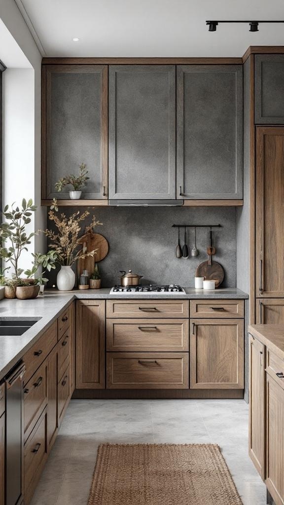 Modern kitchen featuring textured finishes with wooden cabinets and a textured wall.