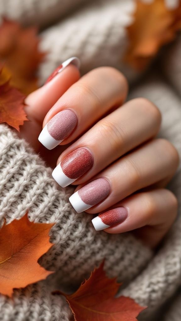 Close-up of textured French tip nails with warm tones and autumn leaves.
