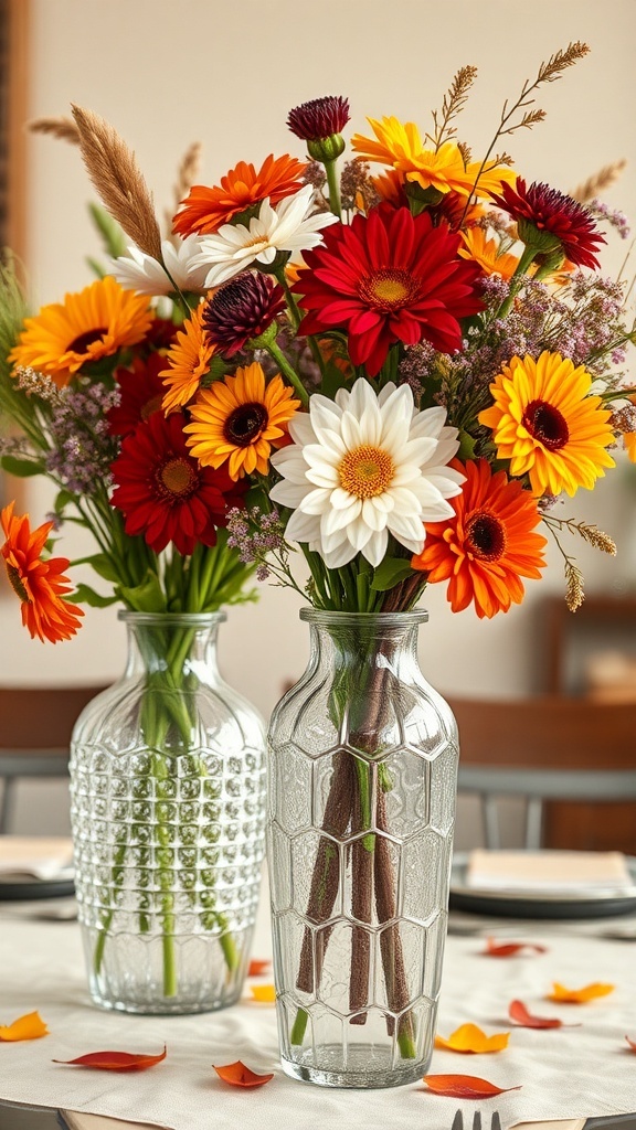 Two textured glass vases filled with colorful autumn flowers on a table