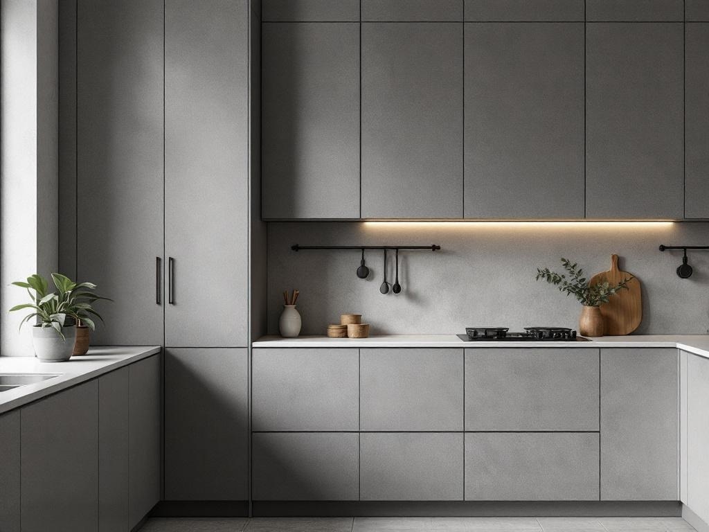 Modern gray kitchen with textured finishes and minimalist design