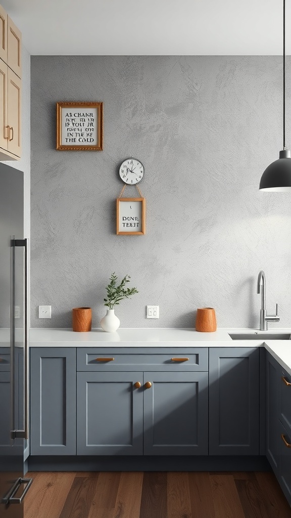 A modern kitchen featuring textured grey walls, blue cabinets, and wooden accents.