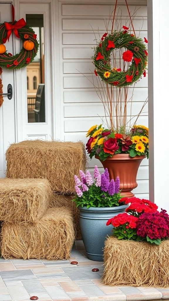 A front porch decorated with hay bales and colorful flower planters for fall.