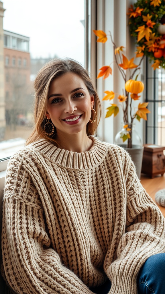 A woman smiling in a cozy, chunky knit sweater by a window decorated with fall leaves and pumpkins.