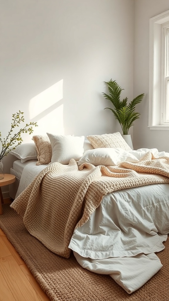 A cozy neutral bedroom with layered textures, featuring a bed with various blankets and pillows, and a plant in the corner.