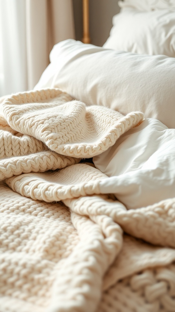 A cozy modern bedroom with layered blankets and pillows in soft neutral tones.