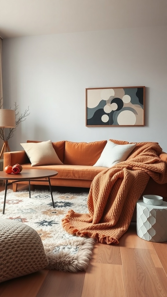 A cozy living room with an orange sofa, textured blanket, and a soft rug.