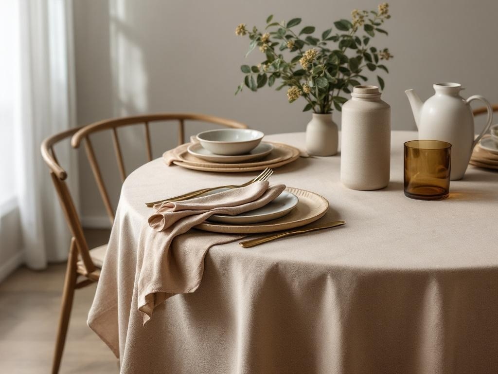 A beautifully set table with a textured linen tablecloth, ceramic dishes, and natural decor.