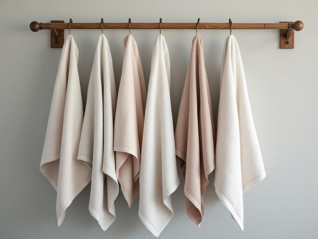 A collection of textured linen towels hanging on a wooden rack in a rustic bathroom.