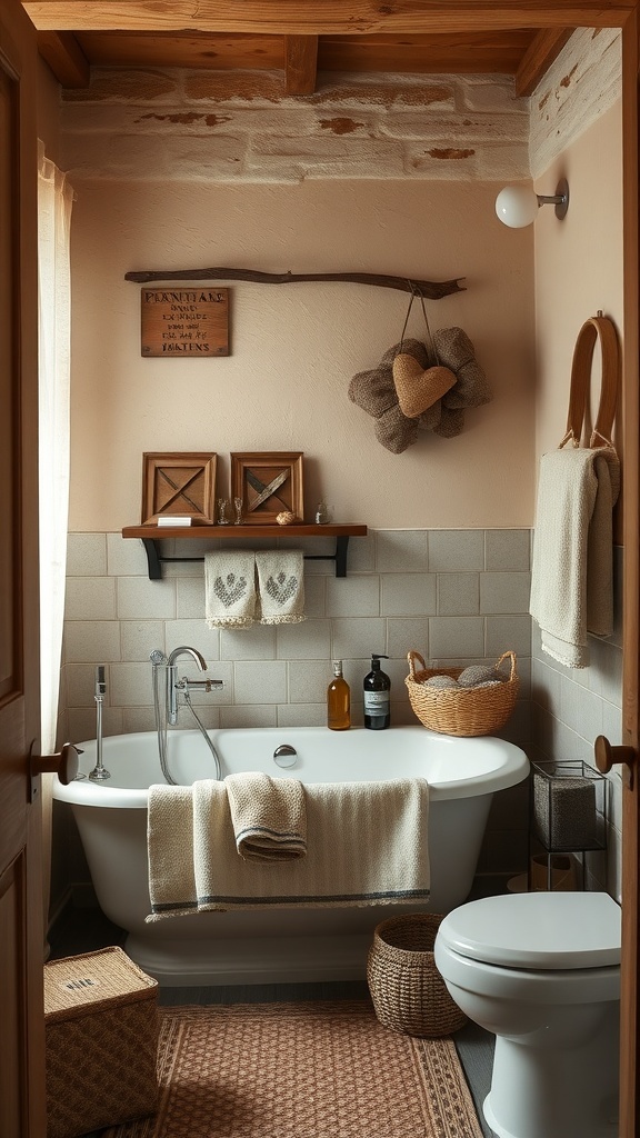 A rustic bathroom featuring a bathtub, textured linens, and natural accessories.