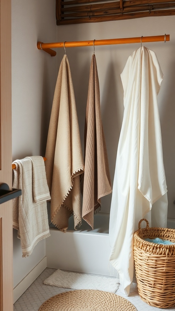 A rustic farmhouse bathroom with textured towels hanging on a wooden rod.