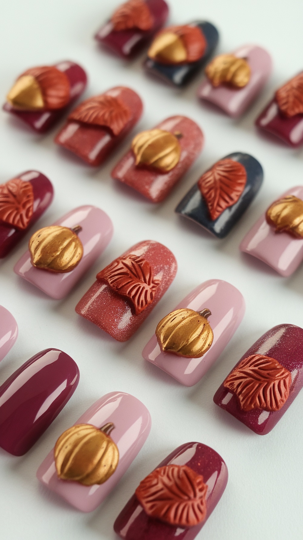 Textured fall nail art featuring leaves and pumpkins in warm colors.