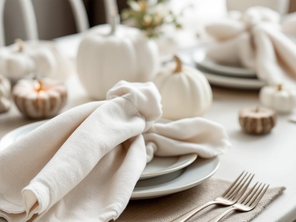 A neutral Thanksgiving table setting featuring textured napkins in soft tones, white pumpkins, and elegant dinnerware.