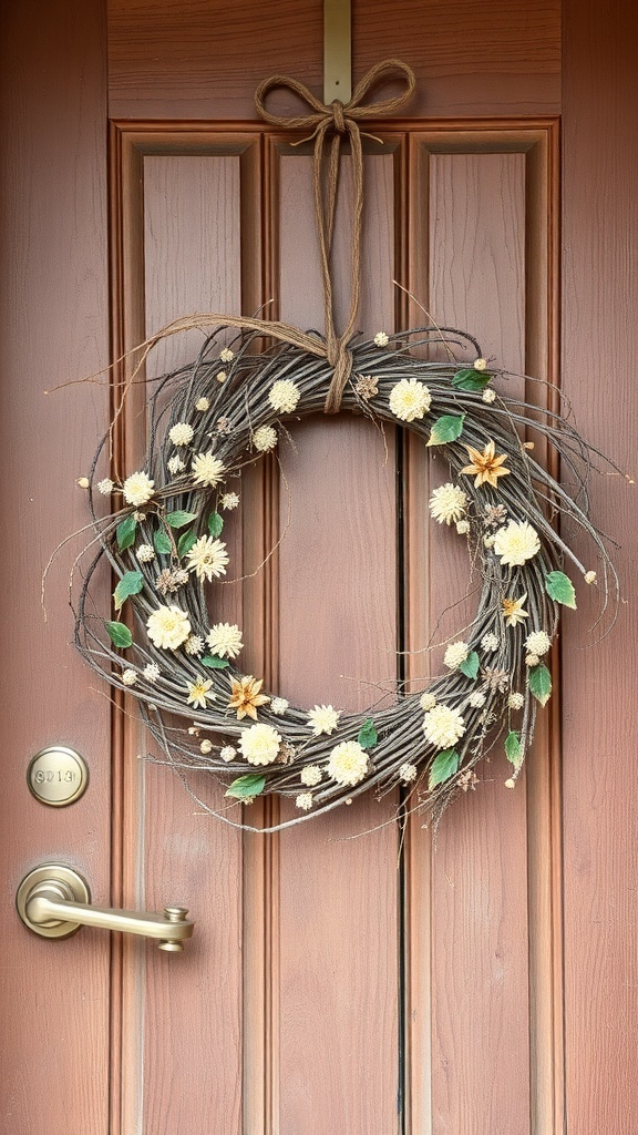 A textured neutral wreath with soft flowers and twigs hanging on a wooden door.
