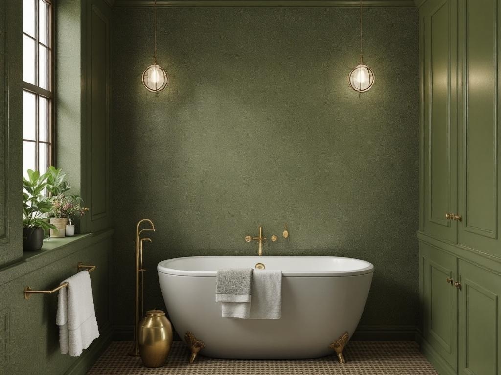 A bathroom featuring textured olive green wallpaper, a white freestanding tub, gold fixtures, and a window with potted plants.