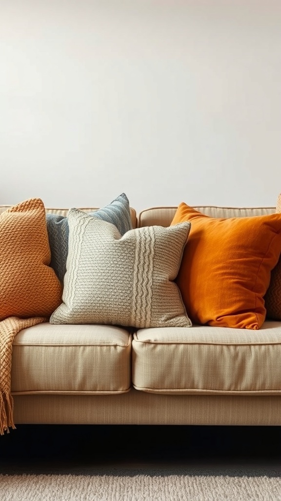 A cozy sofa with textured pillows in orange and blue hues.