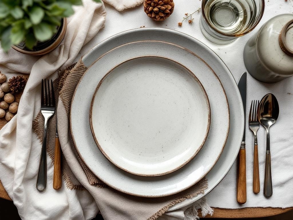 A boho Thanksgiving table setting featuring layered plates, wooden utensils, and natural elements.