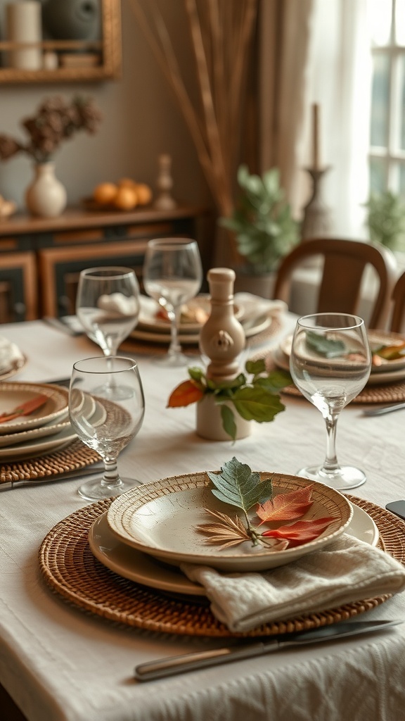A fall dining table with textured place settings featuring woven placemats, plates with leaves, and glassware.