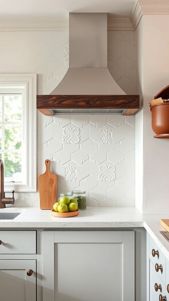 Rustic farmhouse kitchen with textured plaster backsplash and wooden accents