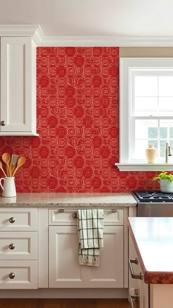 Textured red backsplash in a farmhouse kitchen