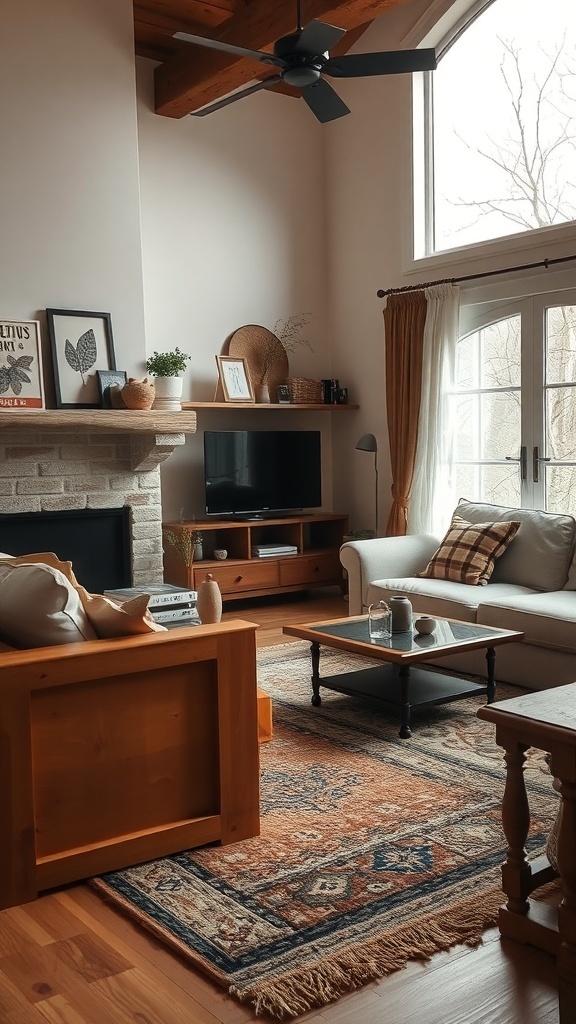 A cozy living room featuring a textured rug and rustic decor.