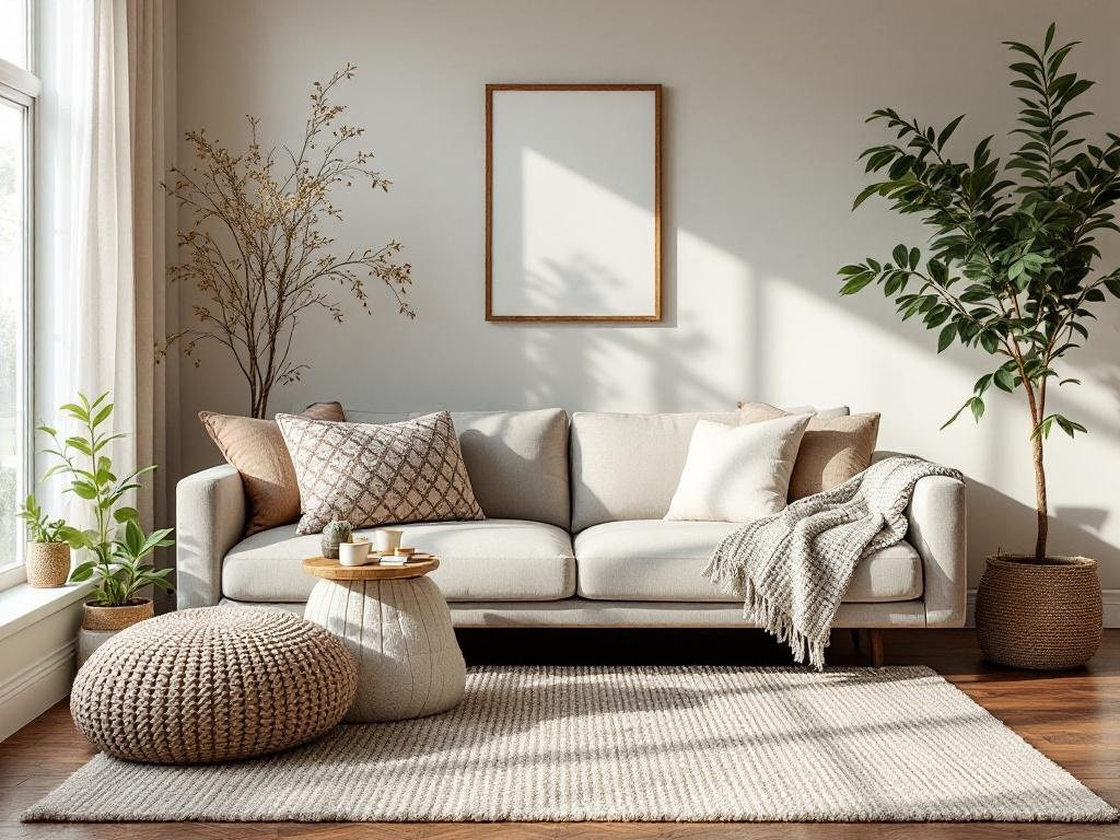 A cozy living room featuring a beige sofa, a textured rug, and plants, creating a neutral home aesthetic.