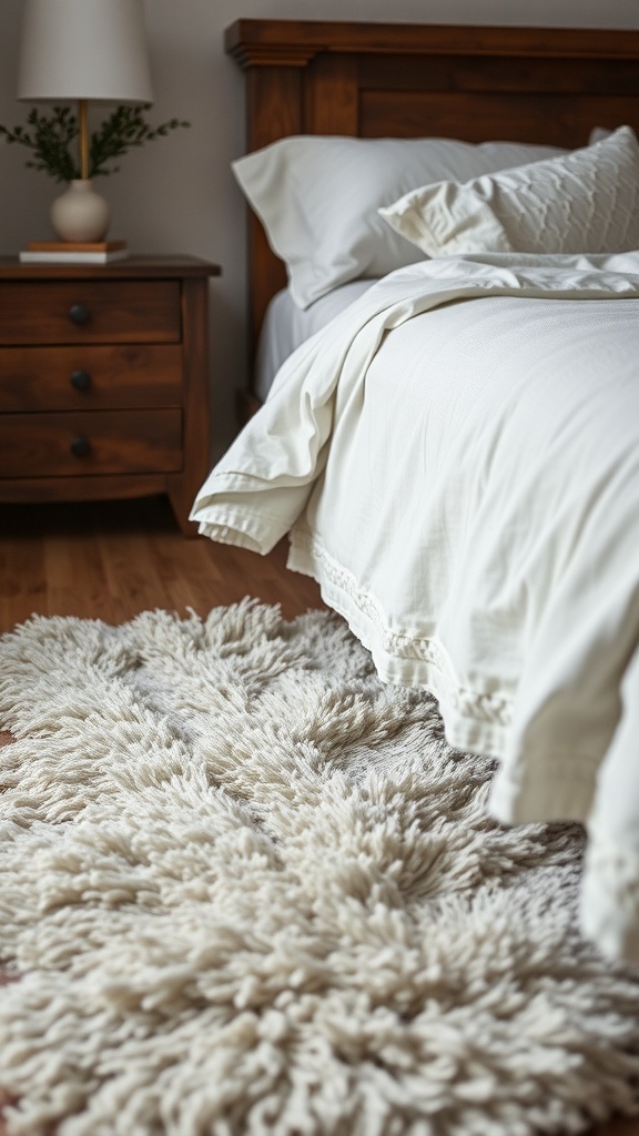 A cozy bedroom featuring a textured rug beside a bed.