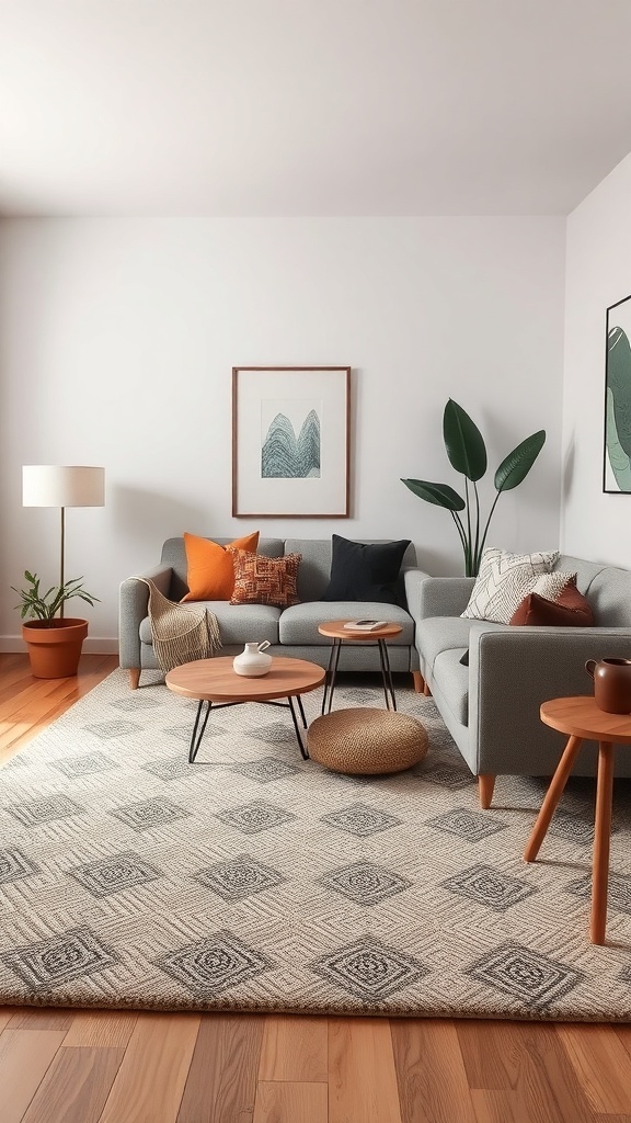 A cozy living room with a textured rug, gray sofa, and wooden coffee tables.