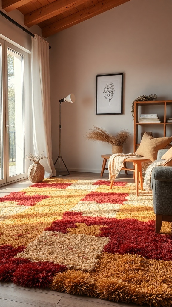 A cozy living room with a colorful textured rug featuring warm autumn colors.