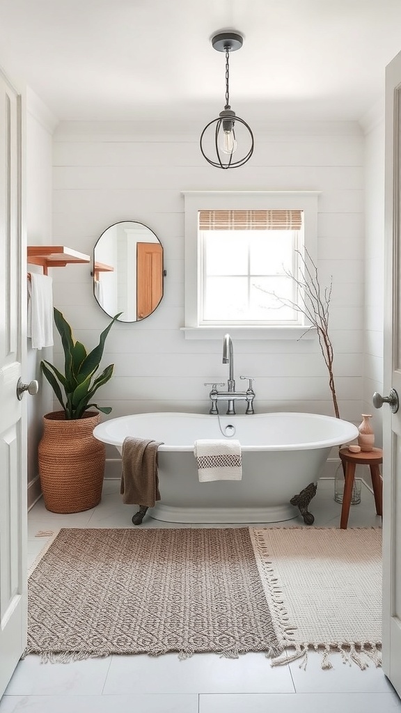 A modern farmhouse master bath featuring a freestanding tub, plants, and textured rugs.