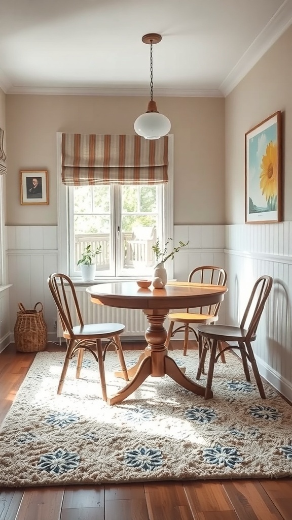A cozy kitchen nook with a round wooden table, chairs, and a textured rug.