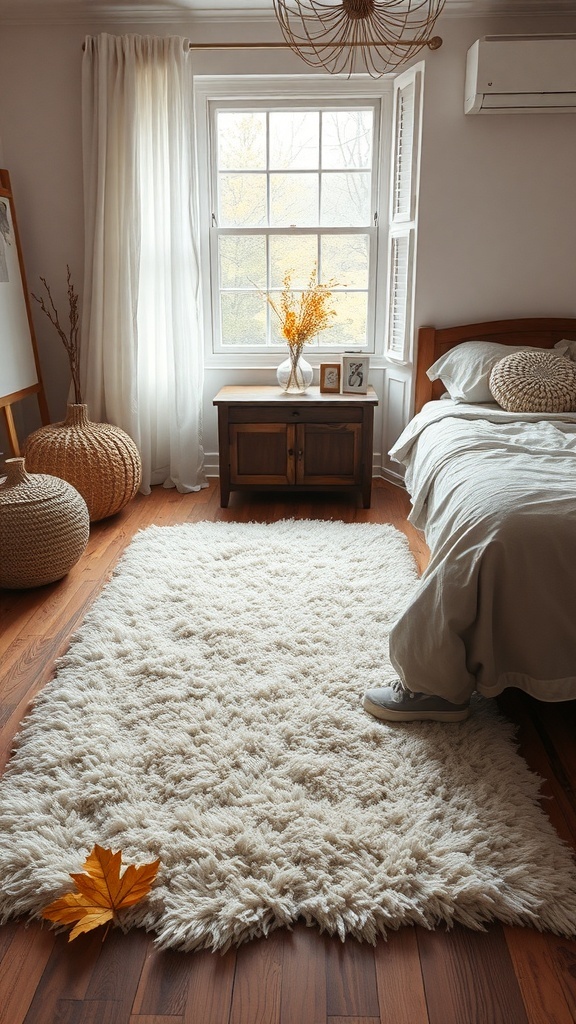 Cozy bedroom with a fluffy white rug, wooden floor, and soft bedding.