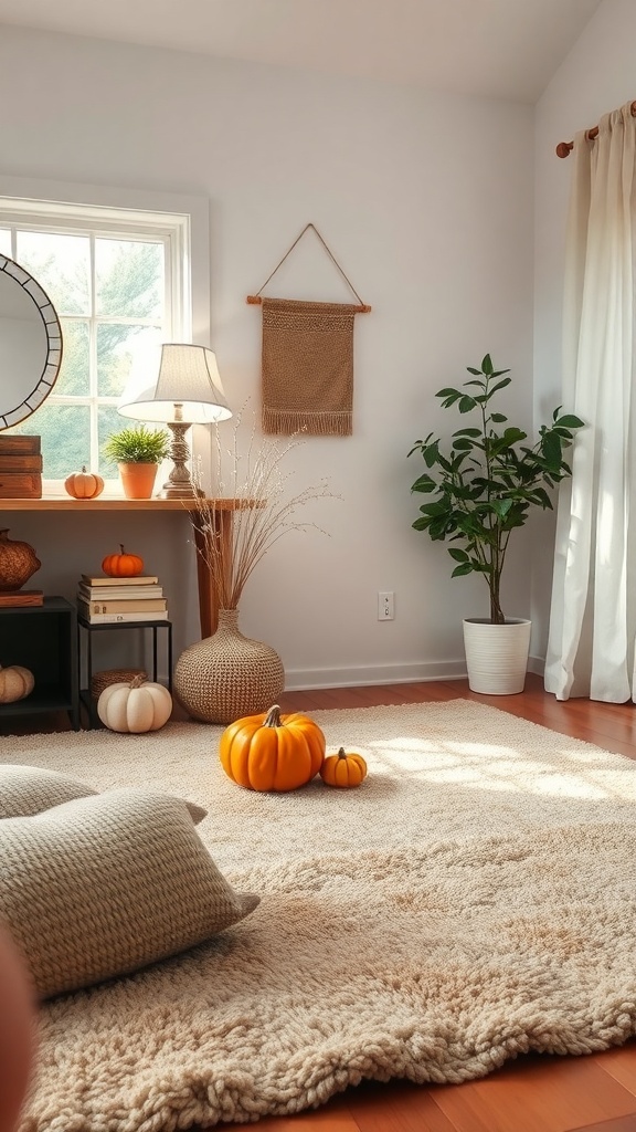 A cozy fall room featuring a textured rug, pumpkins, and warm lighting.