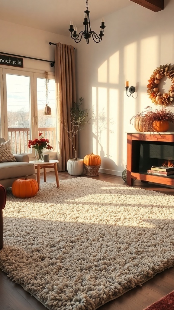 Cozy fall living room with a textured rug, pumpkins, and warm lighting.