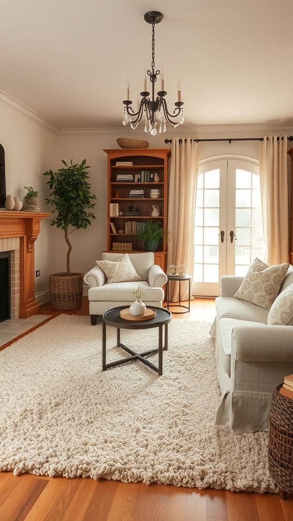 Cozy cottage style living room with a textured rug