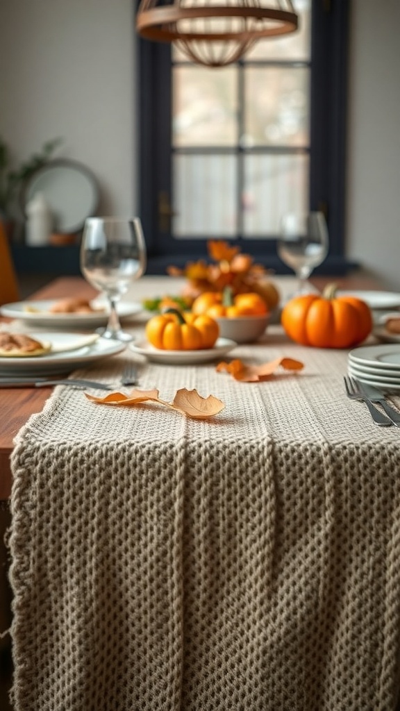 A cozy fall table setting with a textured runner, pumpkins, and autumn leaves.