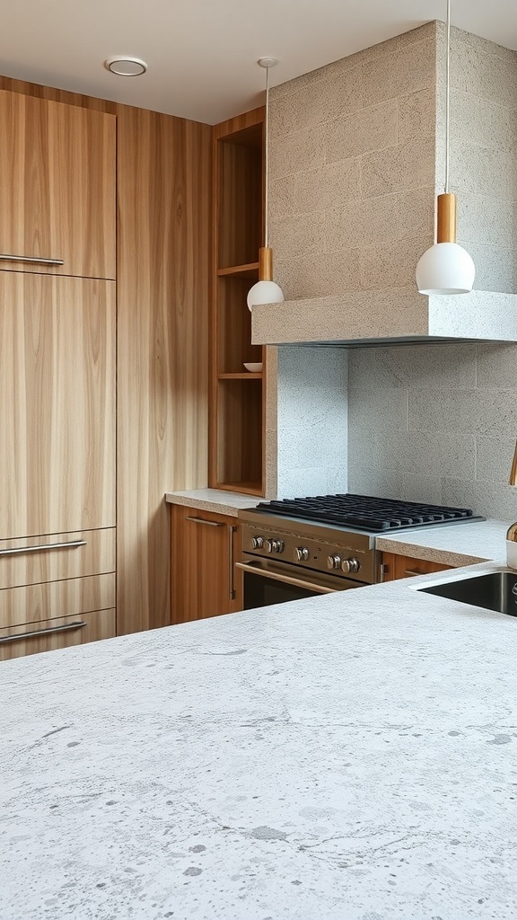 A kitchen featuring textured stone countertops and wooden cabinetry.