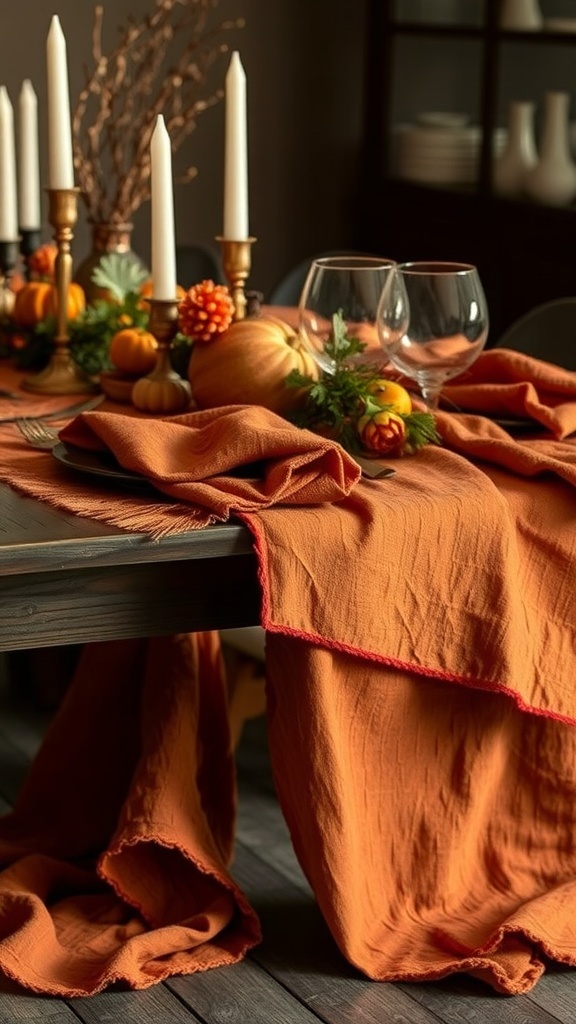 A beautifully set fall table with rust-colored textured linens, candles, glassware, and decorative pumpkins.