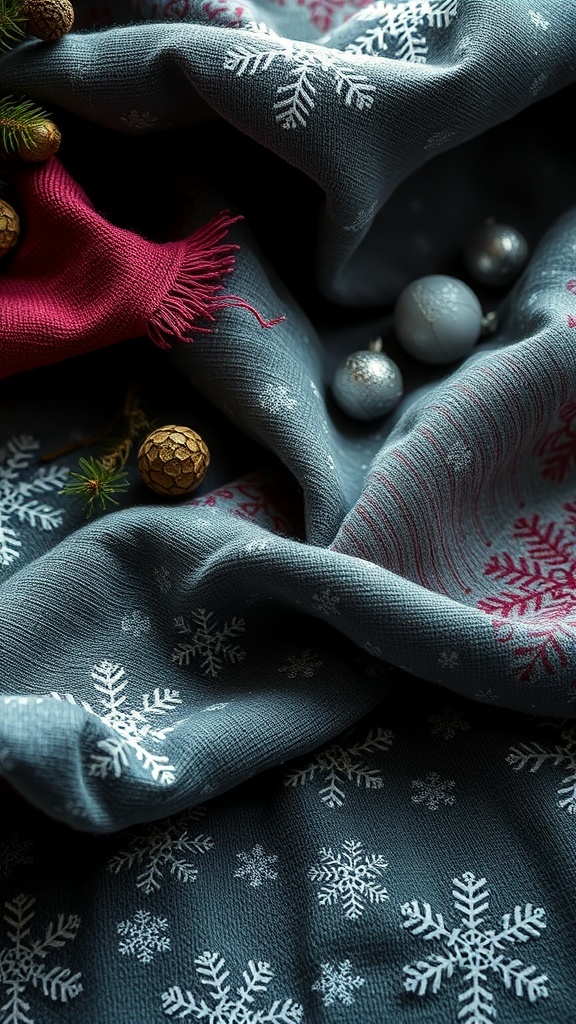 Textured table linens featuring snowflake patterns in blue and red tones.
