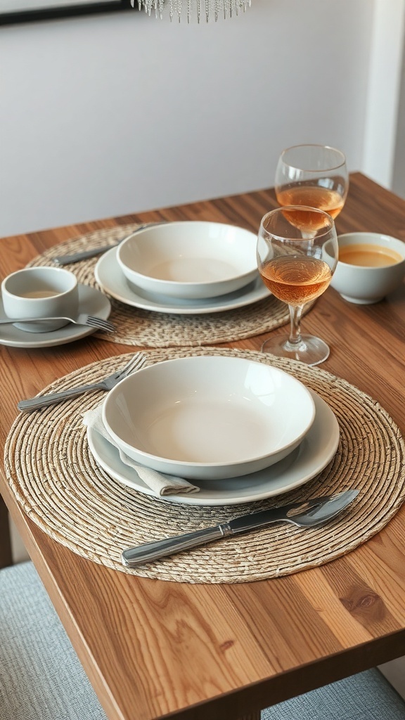 A neutral fall table setting with woven placemats, soft-toned dishes, and elegant glassware.