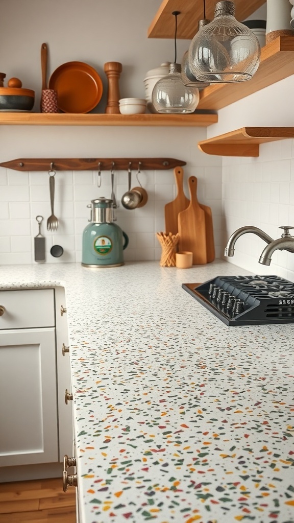 A close-up view of a textured terrazzo countertop in a farmhouse kitchen.