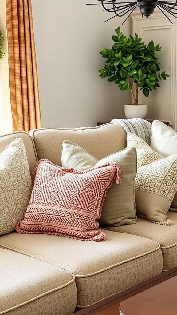 A cozy living room with a sofa adorned with textured throw pillows and a warm atmosphere.