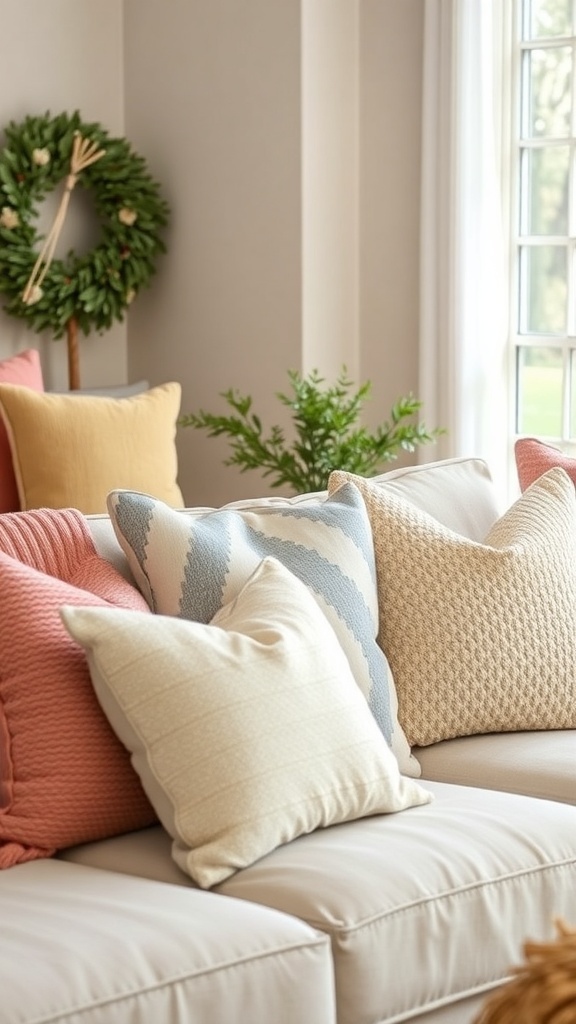 A cozy farmhouse living room with textured throw pillows on a sofa.
