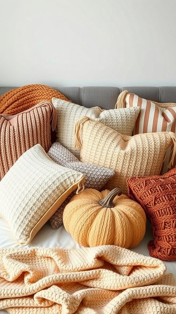 A cozy arrangement of textured throw pillows in autumn colors with a pumpkin.