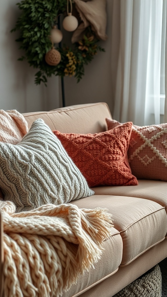 A cozy couch with textured throw pillows in various colors and patterns.