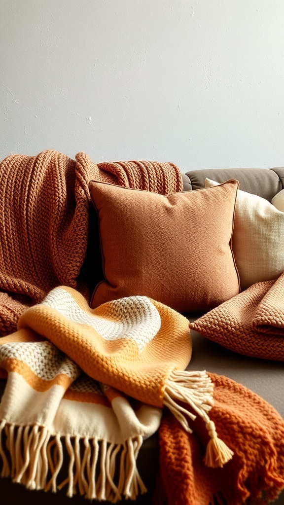 A cozy arrangement of textured throws and pillows in warm autumn colors on a couch.