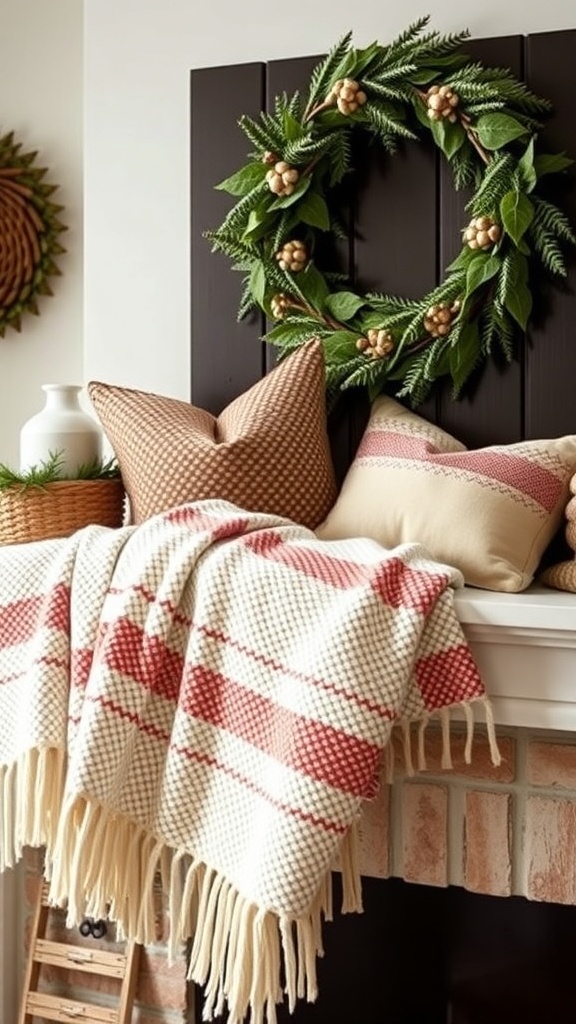 Cozy winter fireplace mantle decor with textured throws and pillows