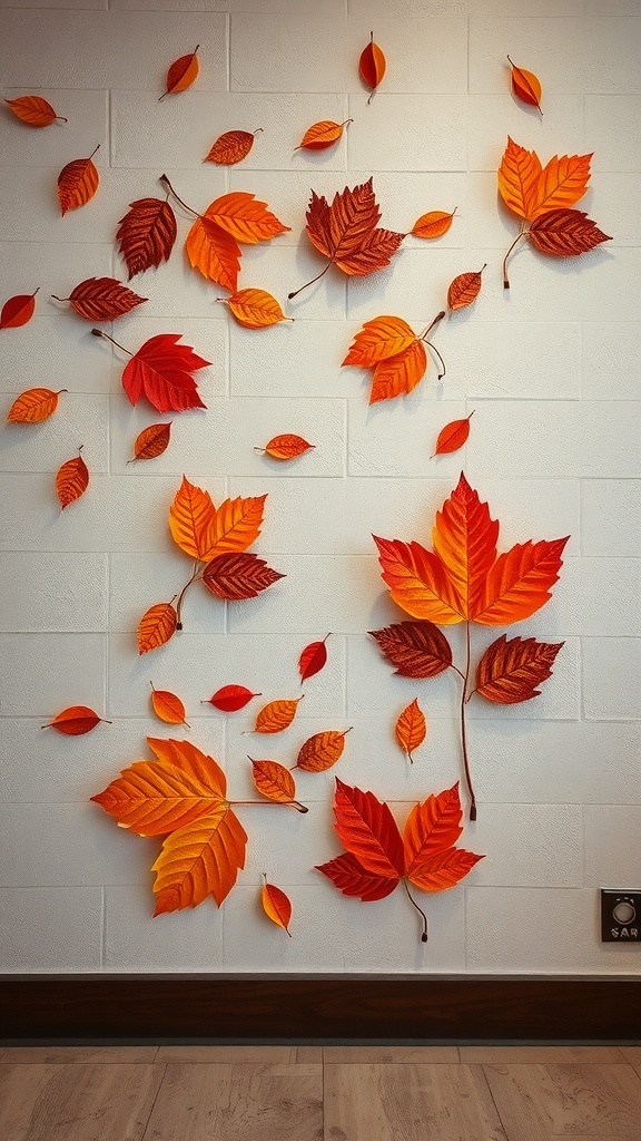 Colorful leaves arranged on a white wall, showcasing fall aesthetics.