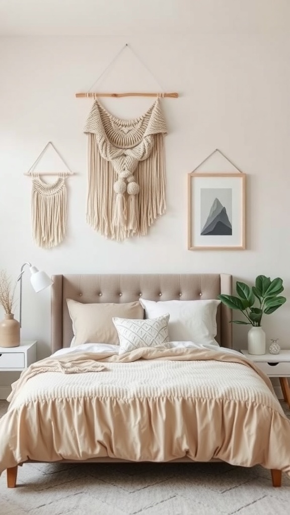 A neutral teen girl bedroom featuring macrame wall decor, a cozy bed, and a plant.
