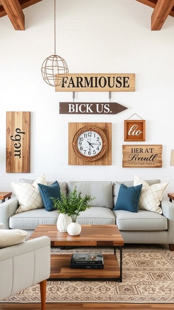 A cozy living room with textured wall decor featuring various wooden signs and art pieces.