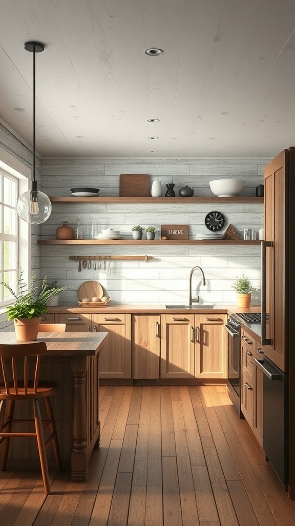 A rustic kitchen featuring textured wall finishes with wooden cabinets and open shelves.